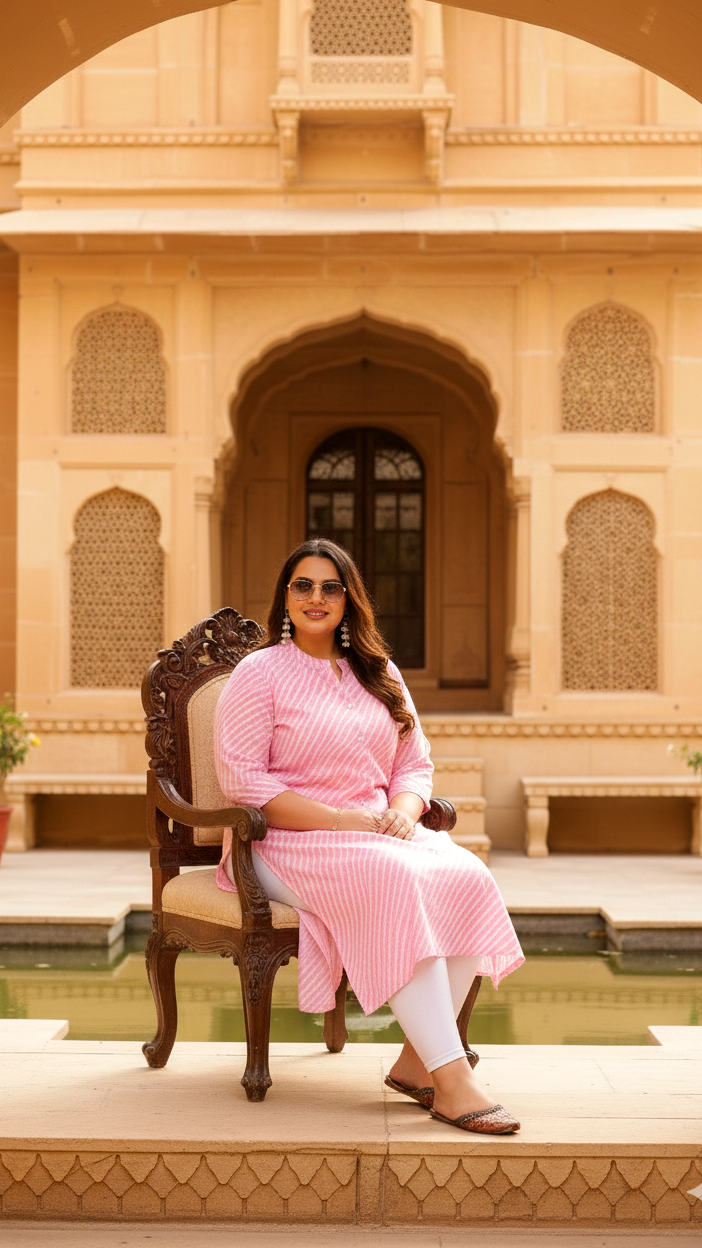 Women's Plus Size Cotton Striped A-Line Kurti – Soft Pink | Stylish & Comfortable