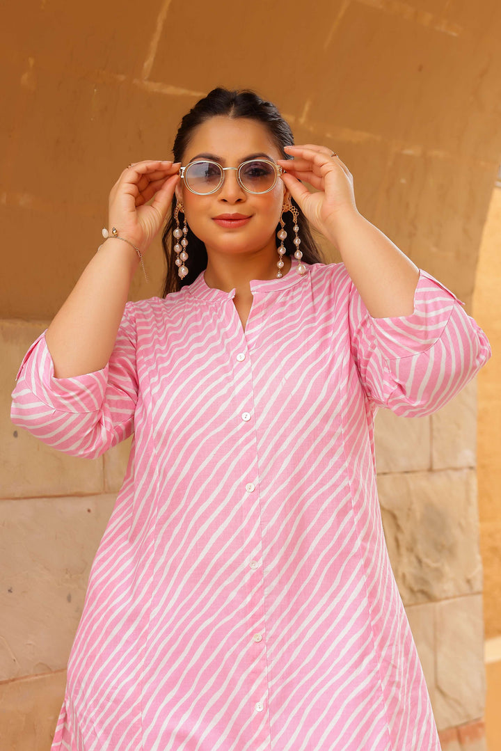 Women's Plus Size Cotton Striped A-Line Kurti – Soft Pink | Stylish & Comfortable
