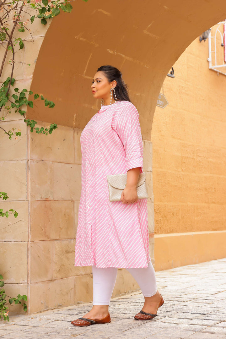 Women's Plus Size Cotton Striped A-Line Kurti – Soft Pink | Stylish & Comfortable