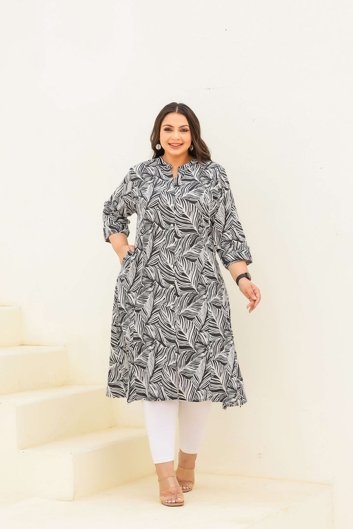 Plus Size Black & White Leaf Print Cotton Kurti for Women
