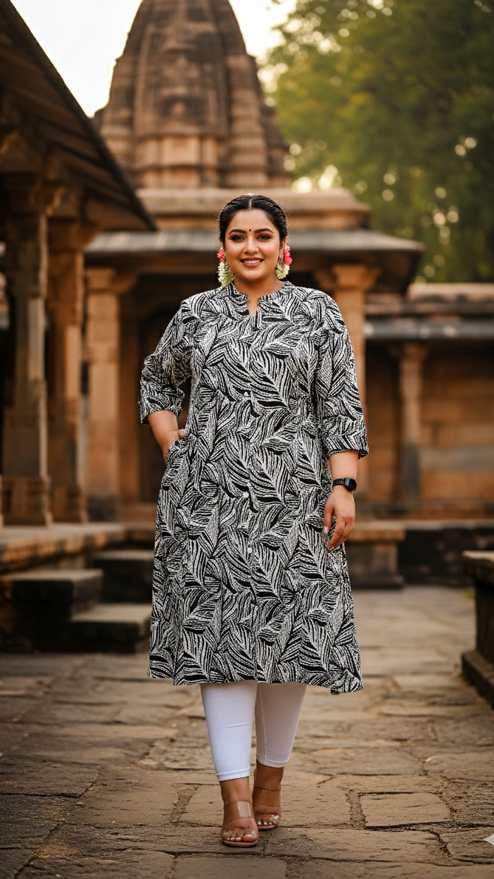 Plus Size Black & White Leaf Print Cotton Kurti for Women