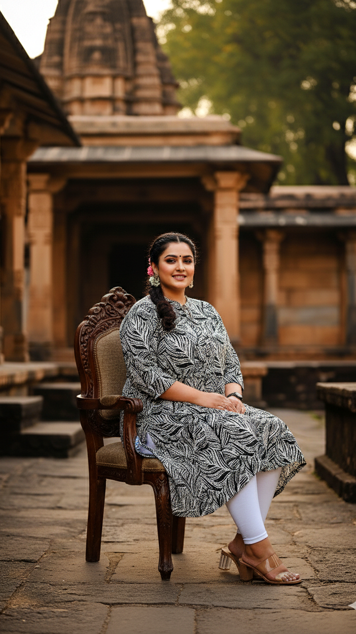 Plus Size Black & White Leaf Print Cotton Kurti for Women