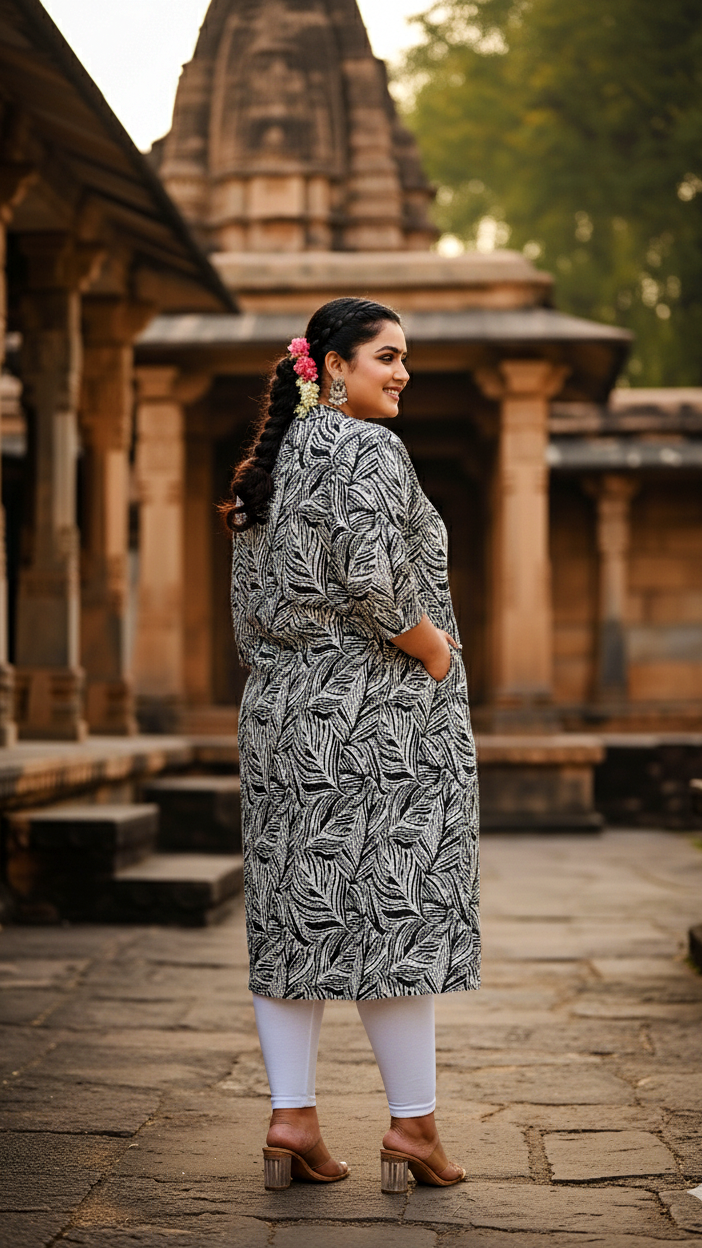 Plus Size Black & White Leaf Print Cotton Kurti for Women