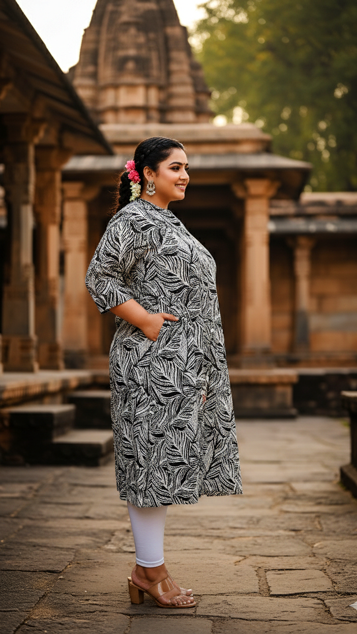 Plus Size Black & White Leaf Print Cotton Kurti for Women