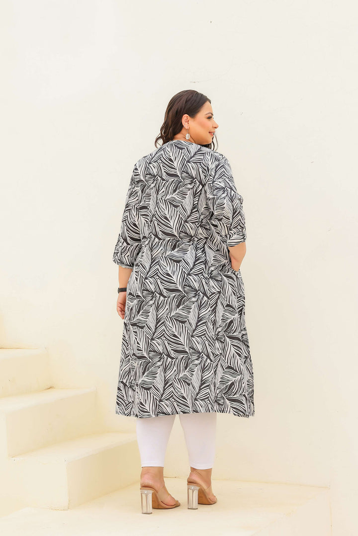 Plus Size Black & White Leaf Print Cotton Kurti for Women