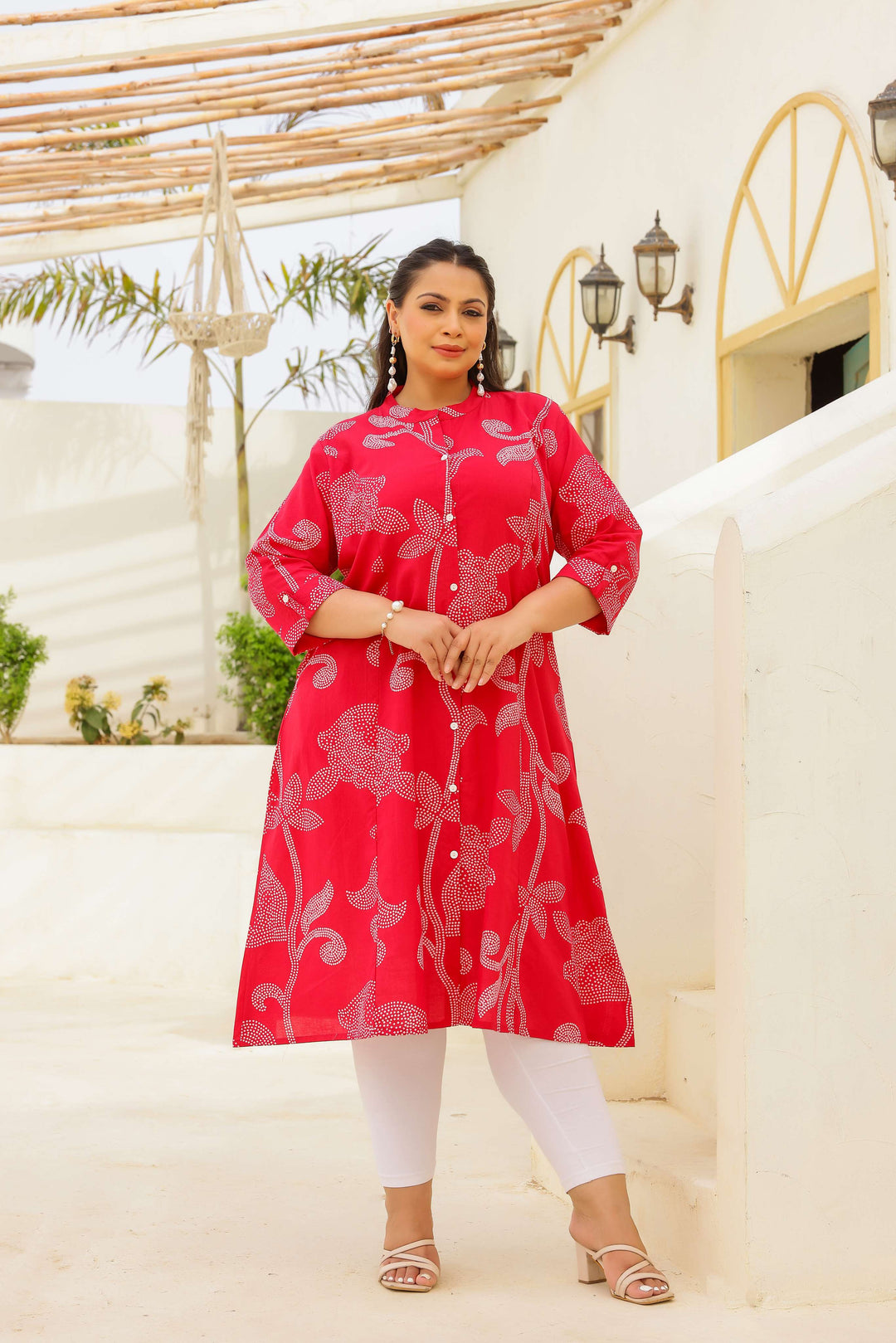 Plus Size Red Floral Print Cotton Kurti for Women