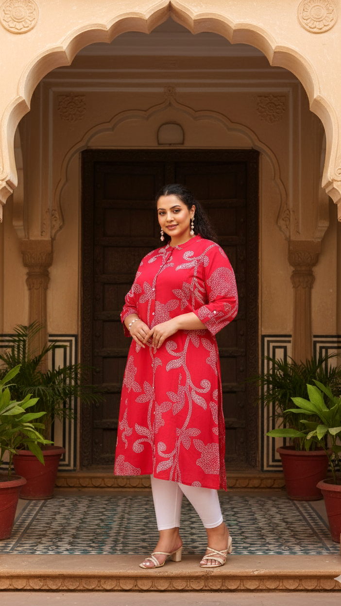 Plus Size Red Floral Print Cotton Kurti for Women
