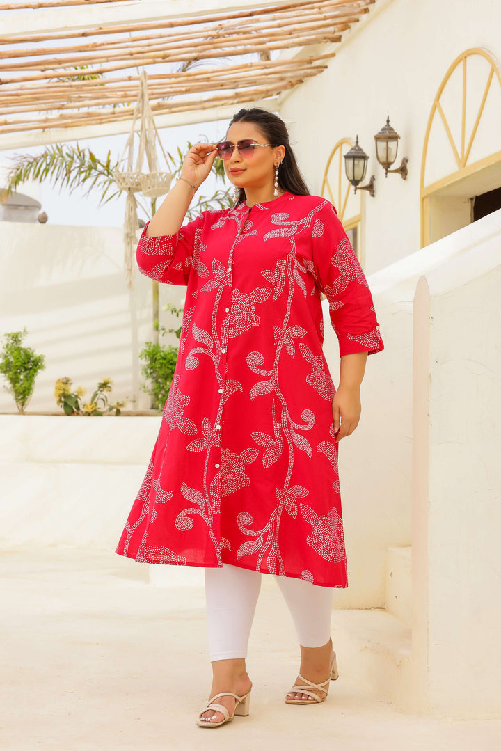 Plus Size Red Floral Print Cotton Kurti for Women
