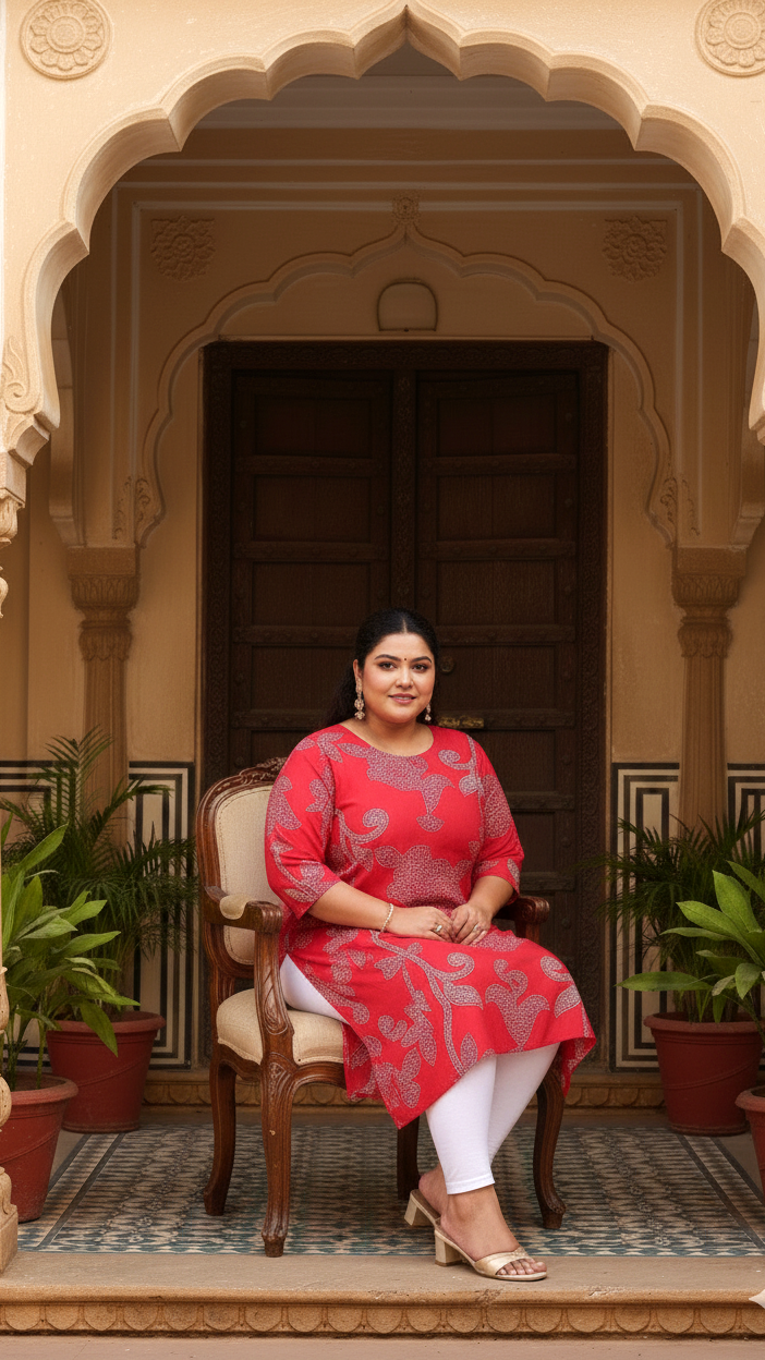 Plus Size Red Floral Print Cotton Kurti for Women