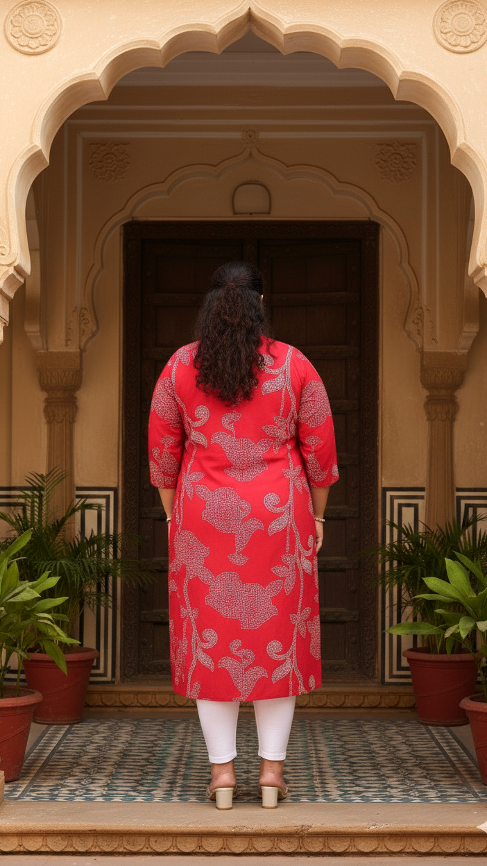 Plus Size Red Floral Print Cotton Kurti for Women