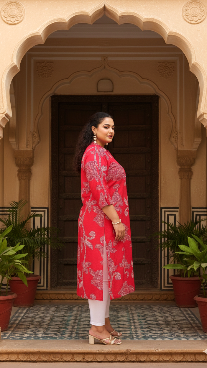 Plus Size Red Floral Print Cotton Kurti for Women