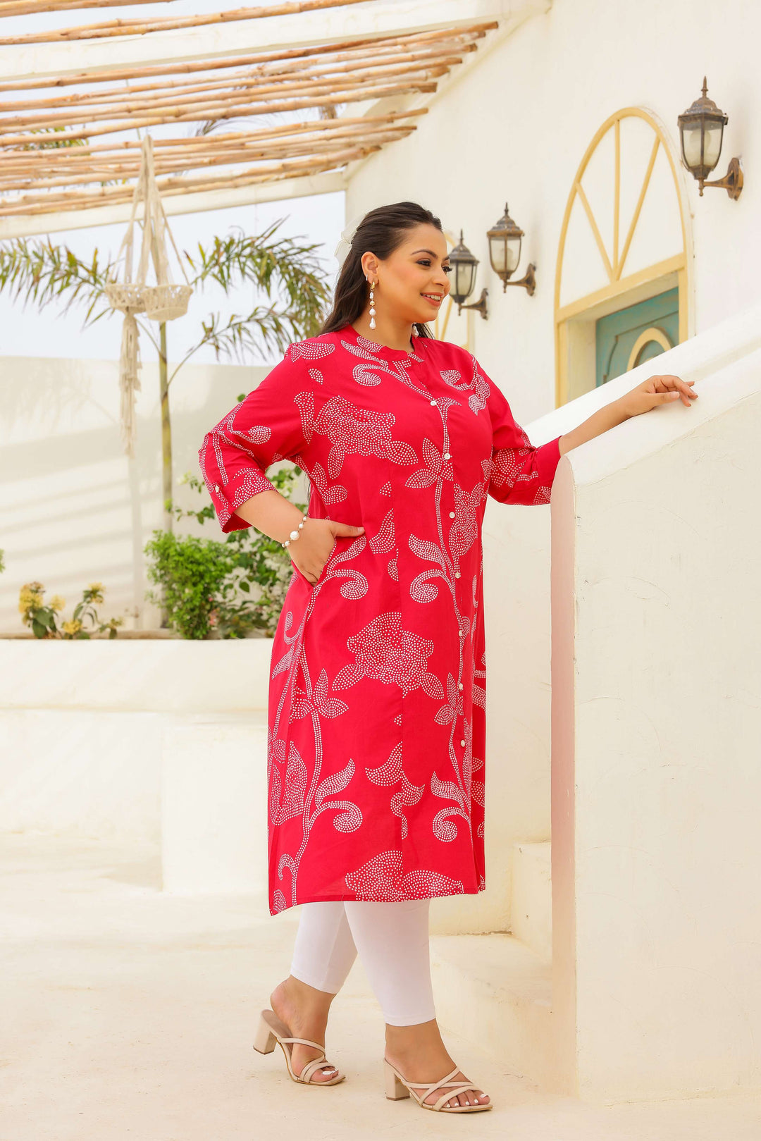 Plus Size Red Floral Print Cotton Kurti for Women