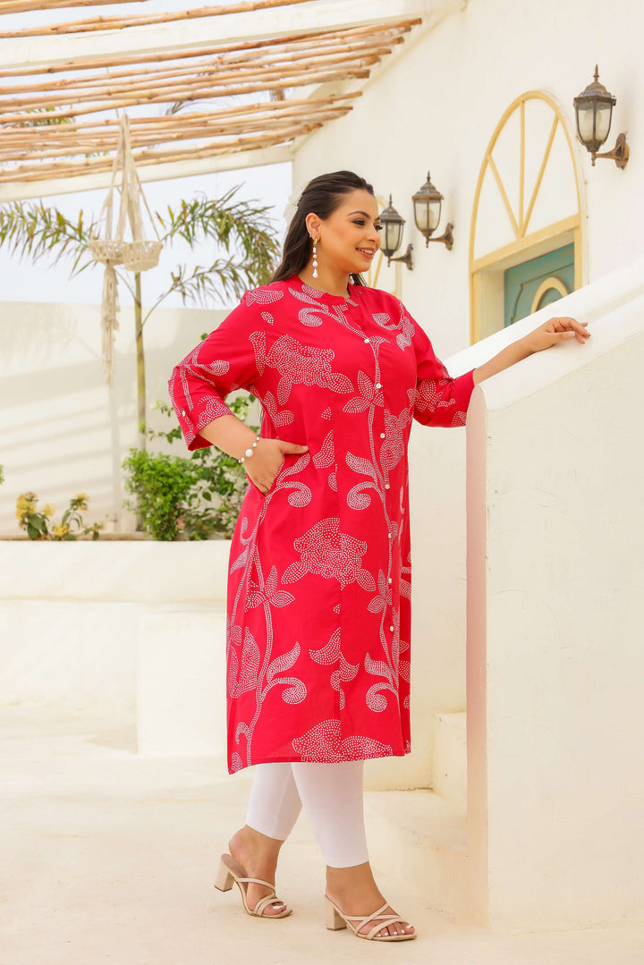 Plus Size Red Floral Print Cotton Kurti for Women