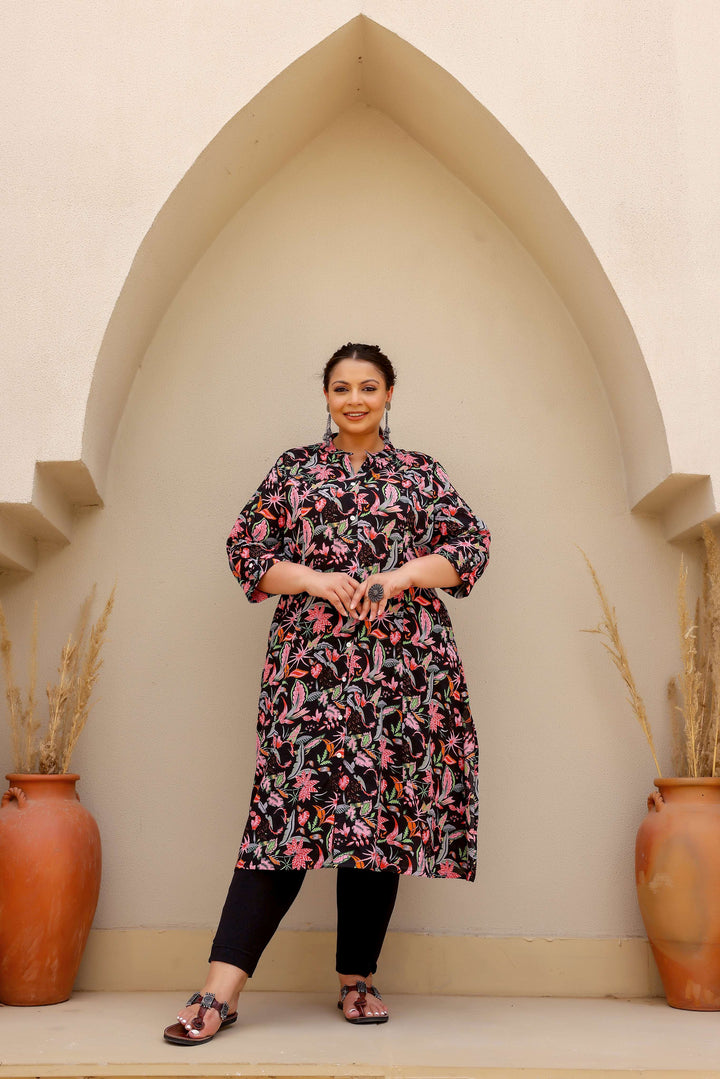 Black Floral Paradise Print Cotton Kurti for Women