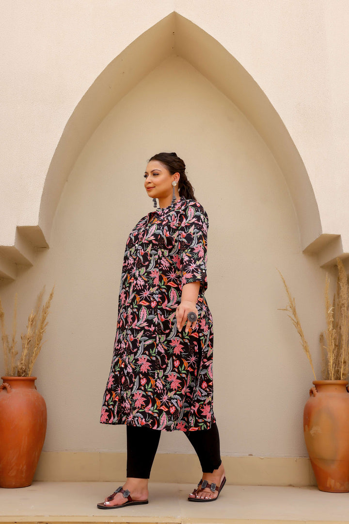 Black Floral Paradise Print Cotton Kurti for Women