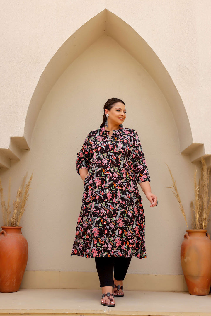 Black Floral Paradise Print Cotton Kurti for Women