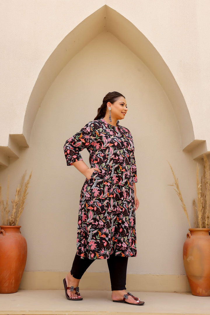 Black Floral Paradise Print Cotton Kurti for Women