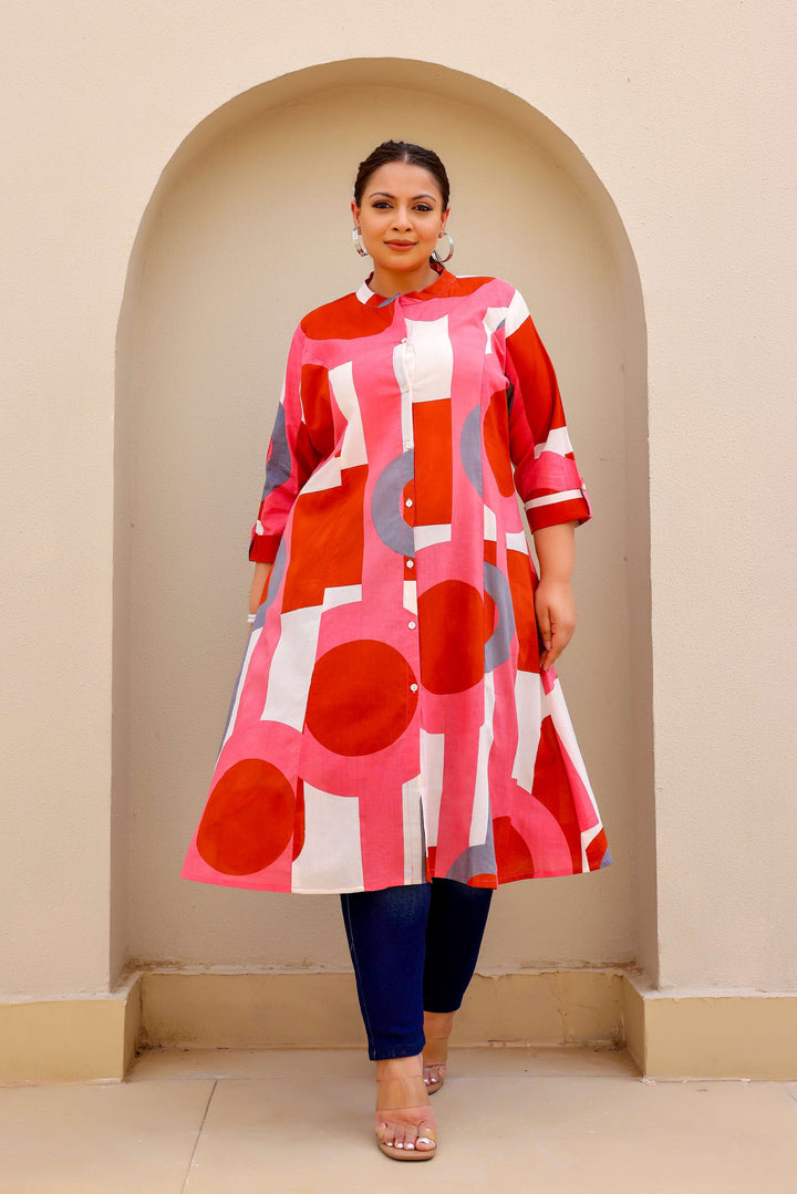 Bold Geometric Print Cotton Kurti in Red & Pink Tones