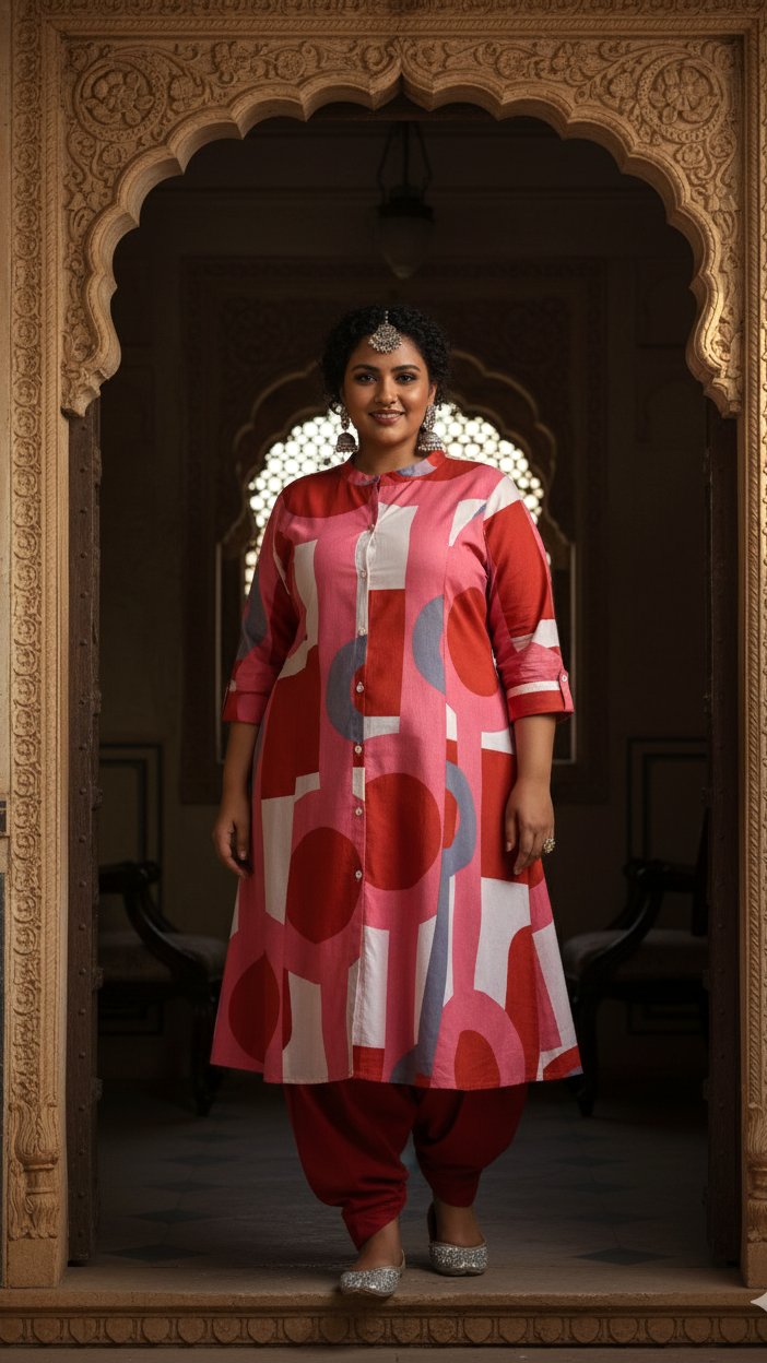 Bold Geometric Print Cotton Kurti in Red & Pink Tones