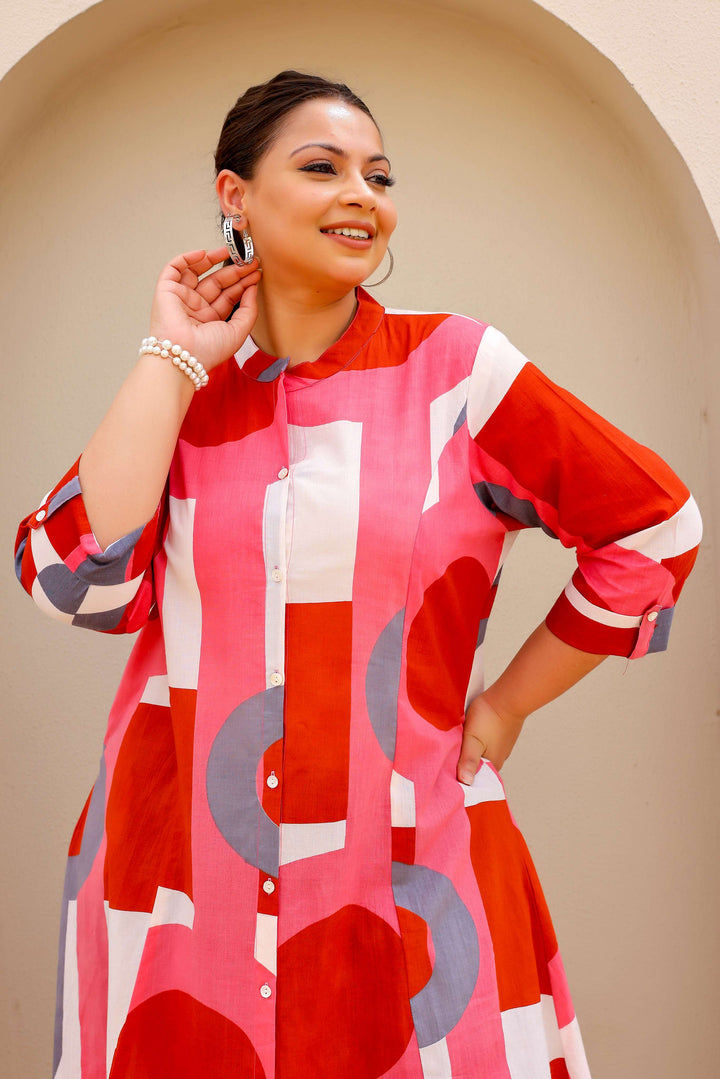 Bold Geometric Print Cotton Kurti in Red & Pink Tones
