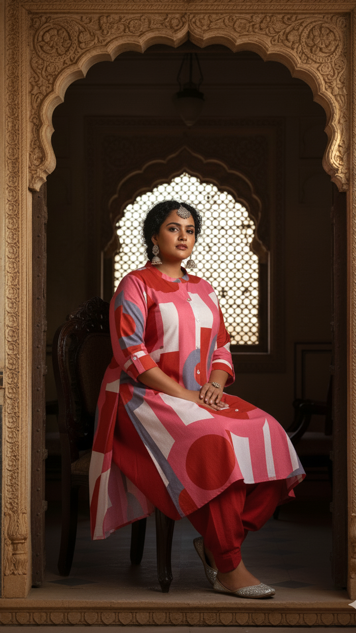 Bold Geometric Print Cotton Kurti in Red & Pink Tones