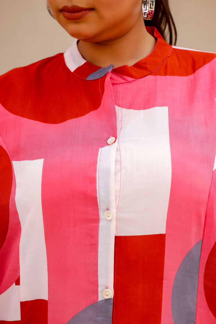 Bold Geometric Print Cotton Kurti in Red & Pink Tones