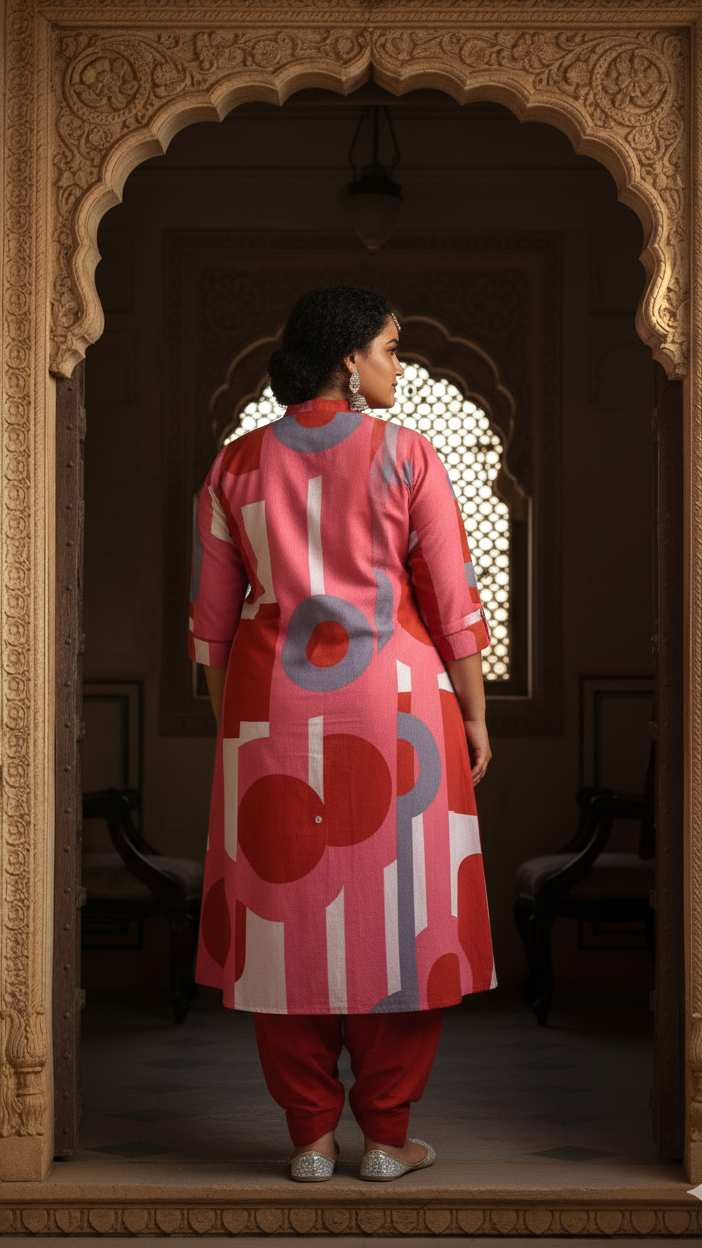 Bold Geometric Print Cotton Kurti in Red & Pink Tones