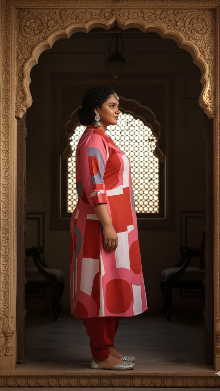 Bold Geometric Print Cotton Kurti in Red & Pink Tones
