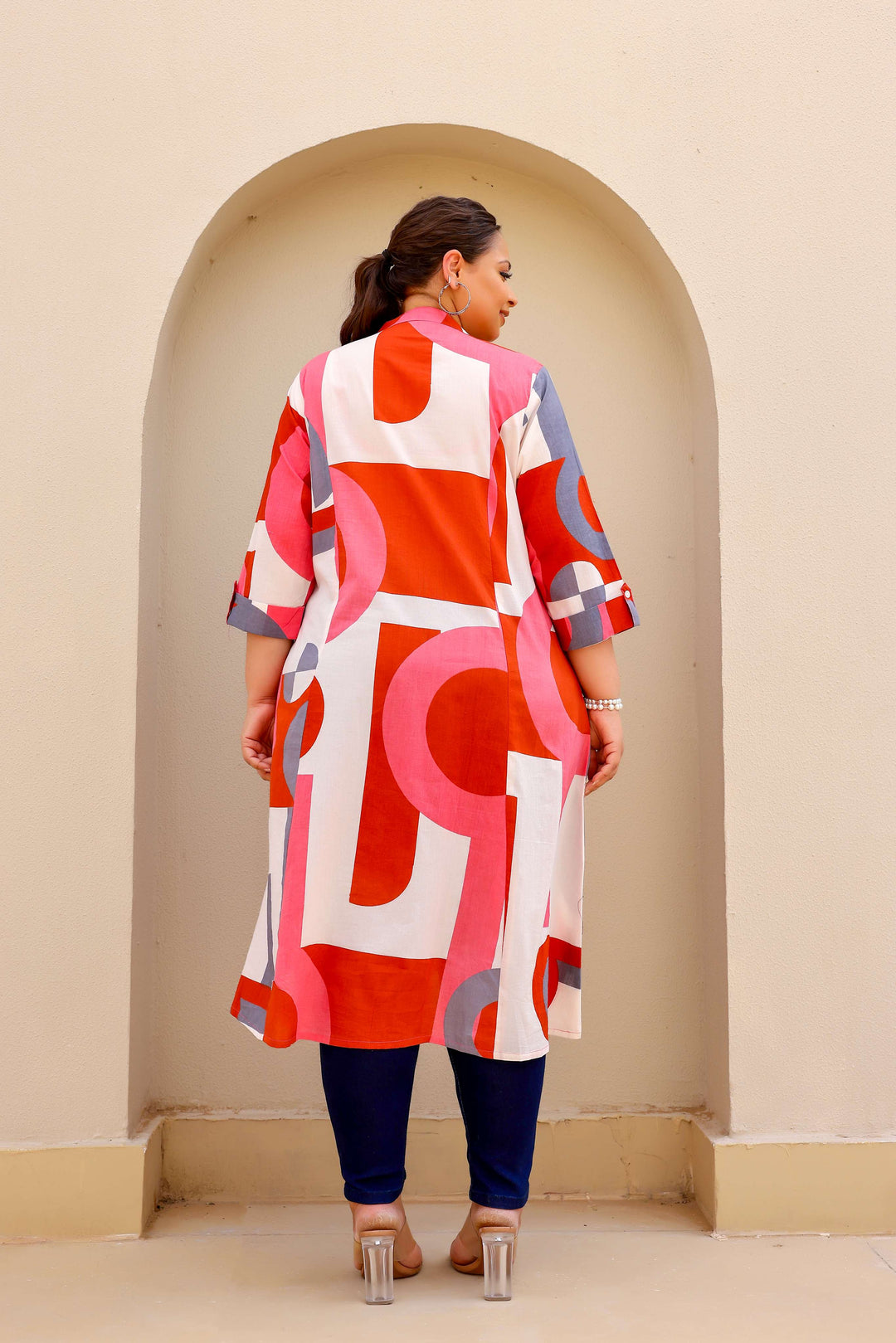 Bold Geometric Print Cotton Kurti in Red & Pink Tones