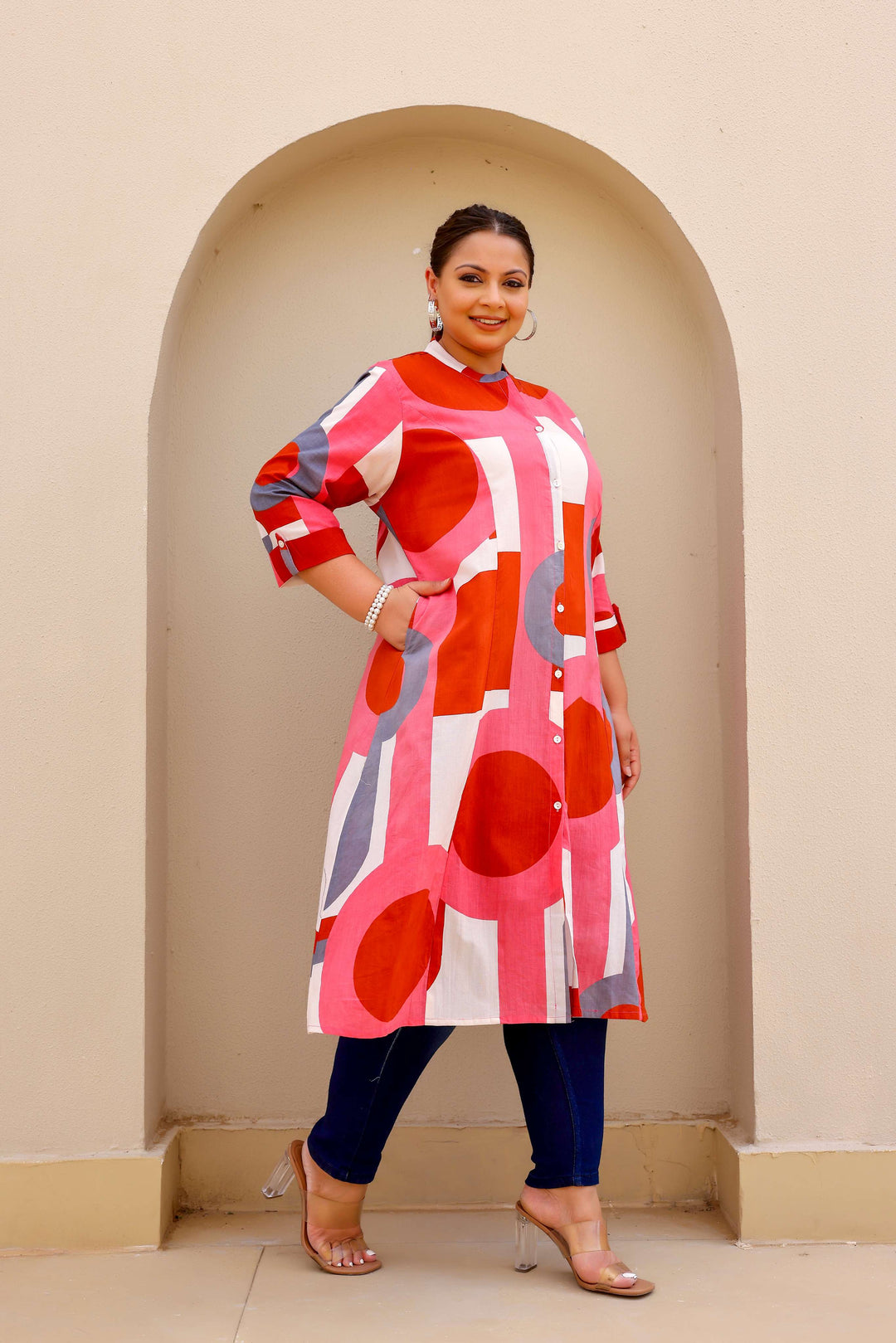 Bold Geometric Print Cotton Kurti in Red & Pink Tones