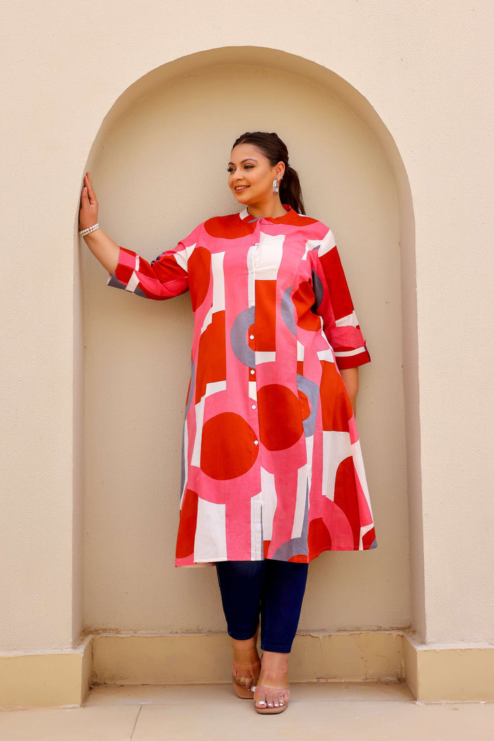 Bold Geometric Print Cotton Kurti in Red & Pink Tones
