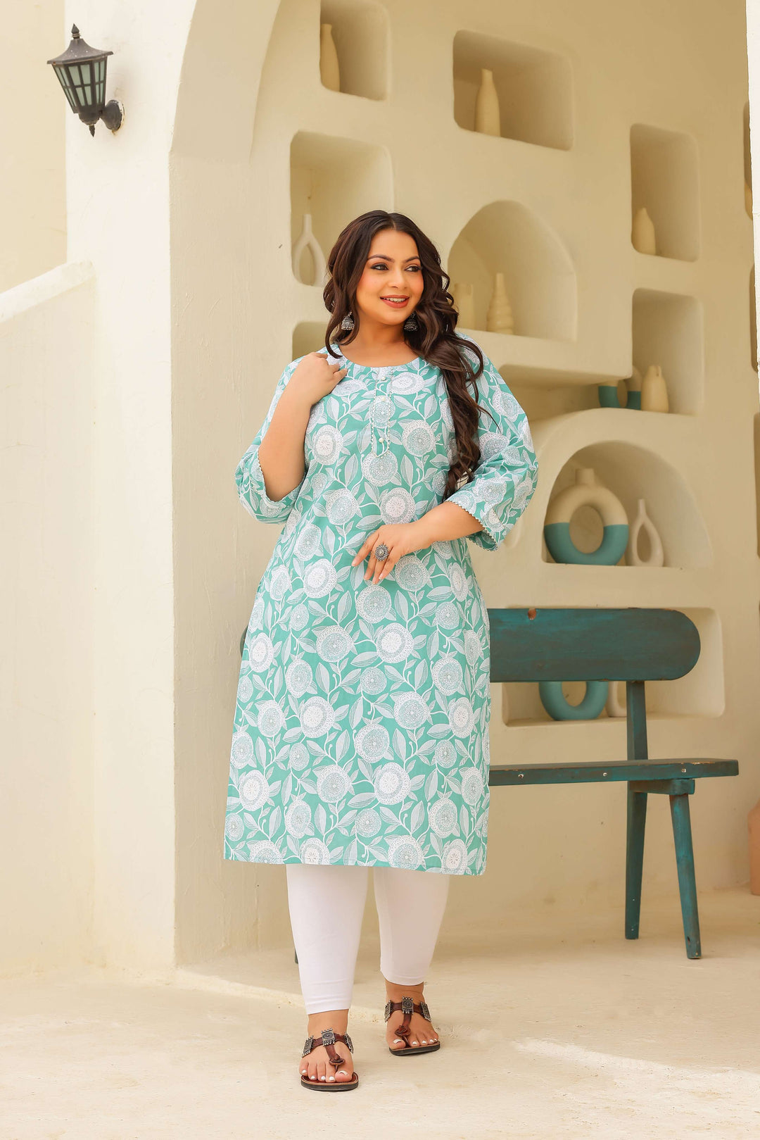 Plus Size Mint Green Floral Printed Cotton Kurti for Women