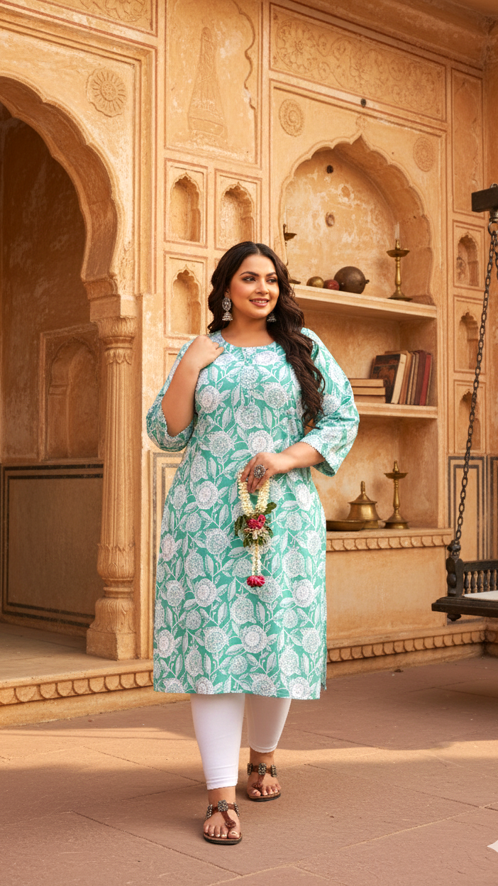Plus Size Mint Green Floral Printed Cotton Kurti for Women