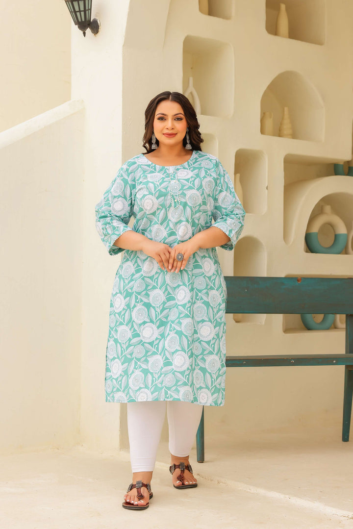 Plus Size Mint Green Floral Printed Cotton Kurti for Women