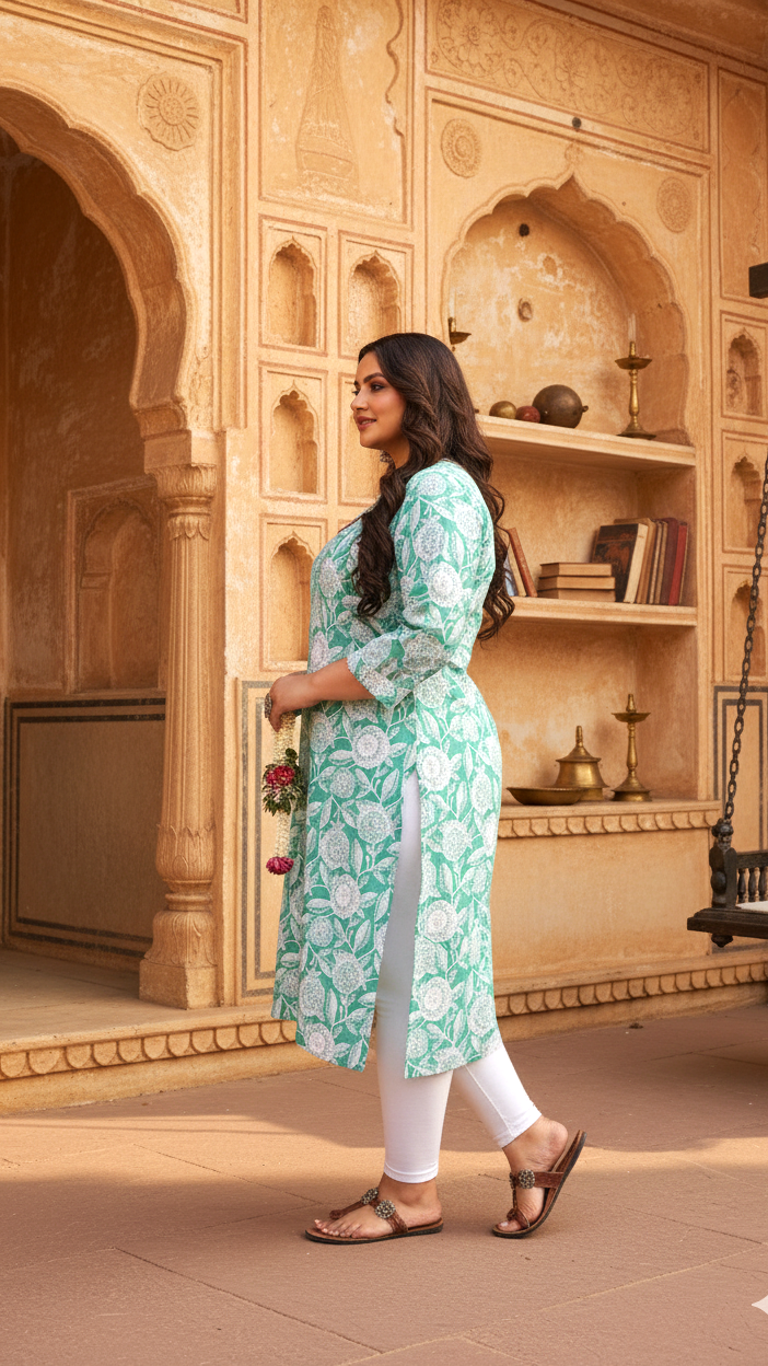 Plus Size Mint Green Floral Printed Cotton Kurti for Women