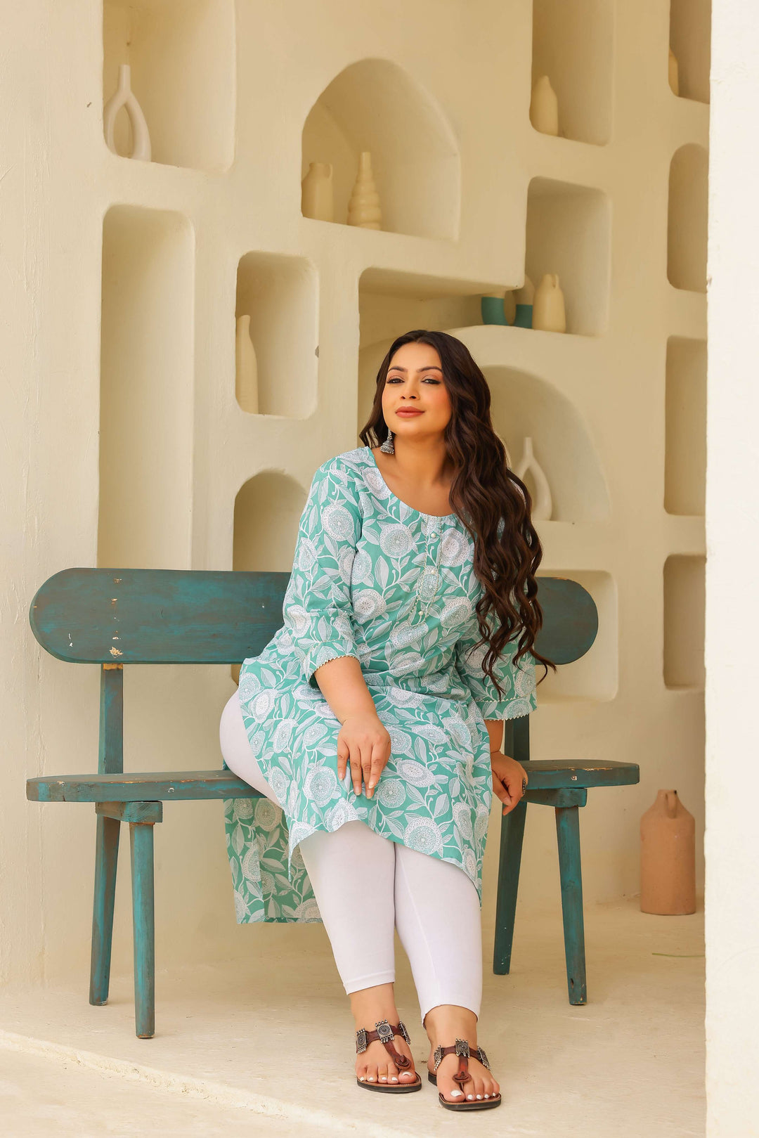 Plus Size Mint Green Floral Printed Cotton Kurti for Women