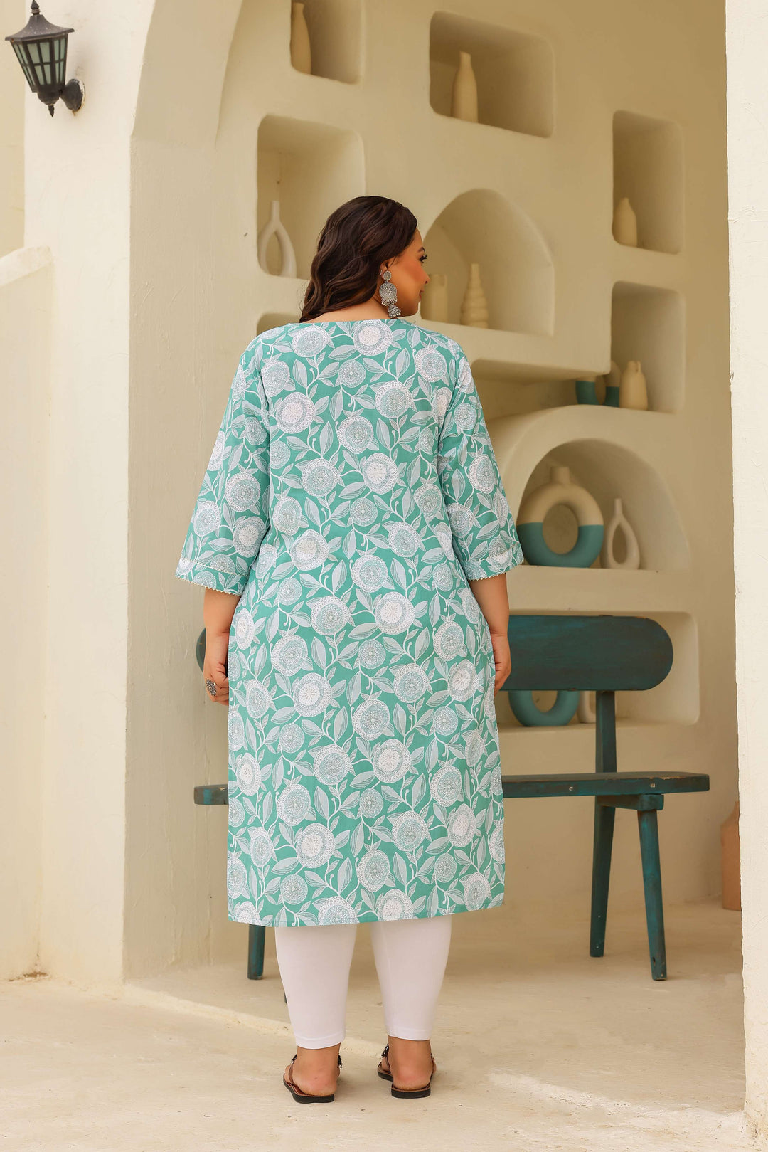 Plus Size Mint Green Floral Printed Cotton Kurti for Women