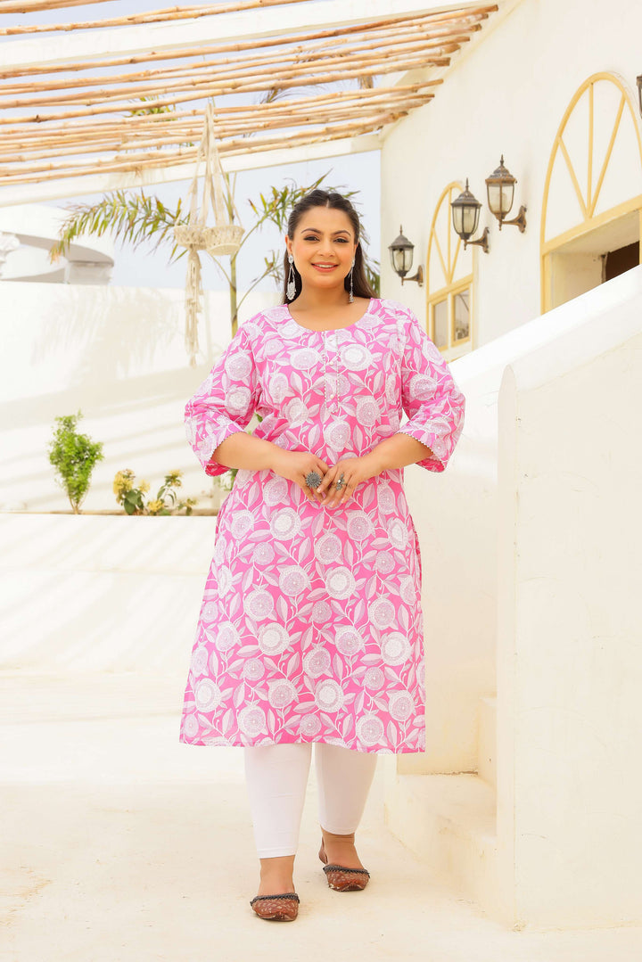 Plus Size Pink Floral Printed Cotton Kurti for Women