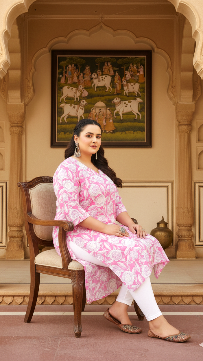 Plus Size Pink Floral Printed Cotton Kurti for Women