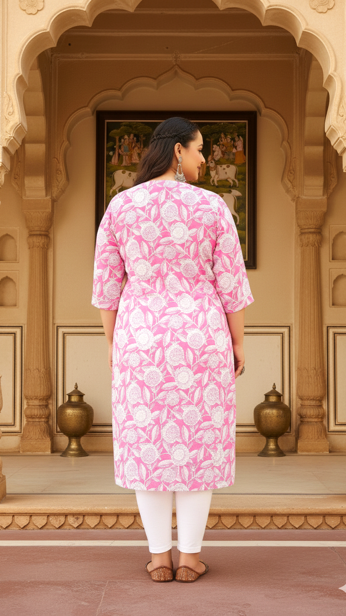 Plus Size Pink Floral Printed Cotton Kurti for Women