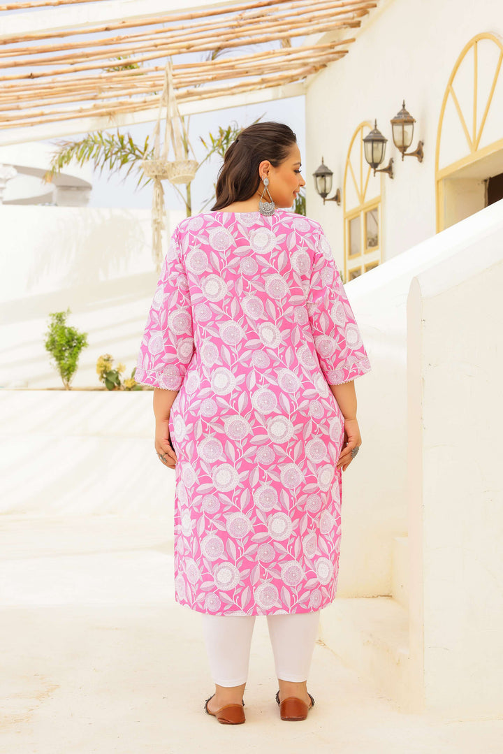 Plus Size Pink Floral Printed Cotton Kurti for Women