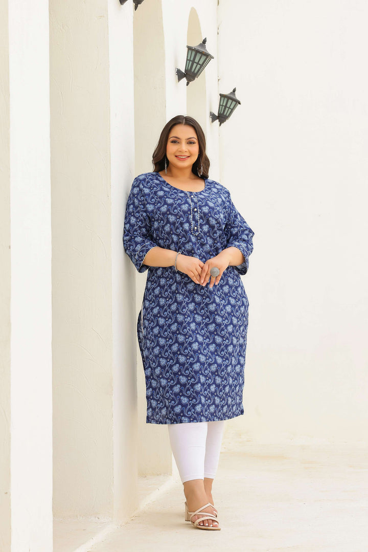 Plus Size Navy Blue Paisley Cotton Kurti for Women