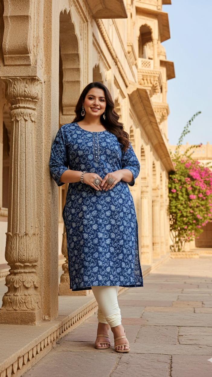Plus Size Navy Blue Paisley Cotton Kurti for Women
