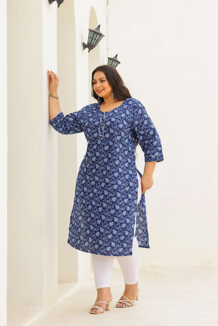 Plus Size Navy Blue Paisley Cotton Kurti for Women