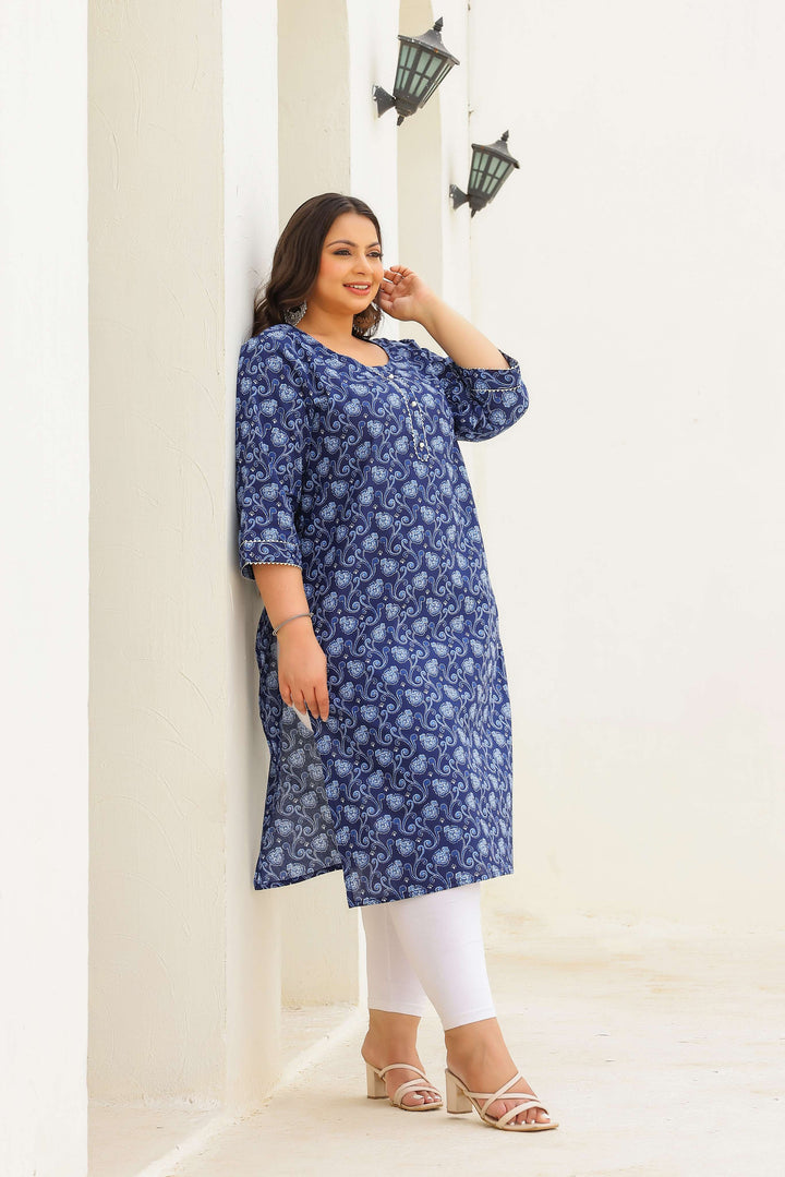 Plus Size Navy Blue Paisley Cotton Kurti for Women