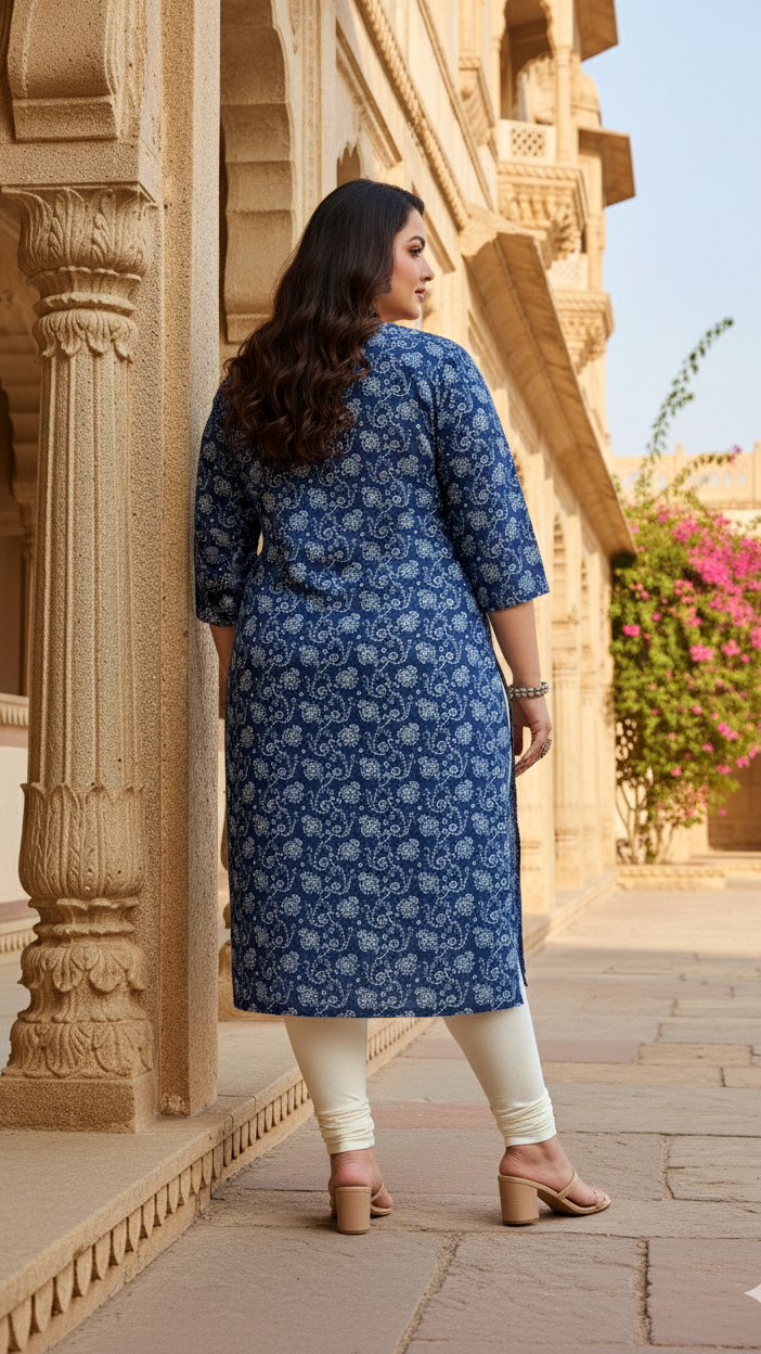 Plus Size Navy Blue Paisley Cotton Kurti for Women