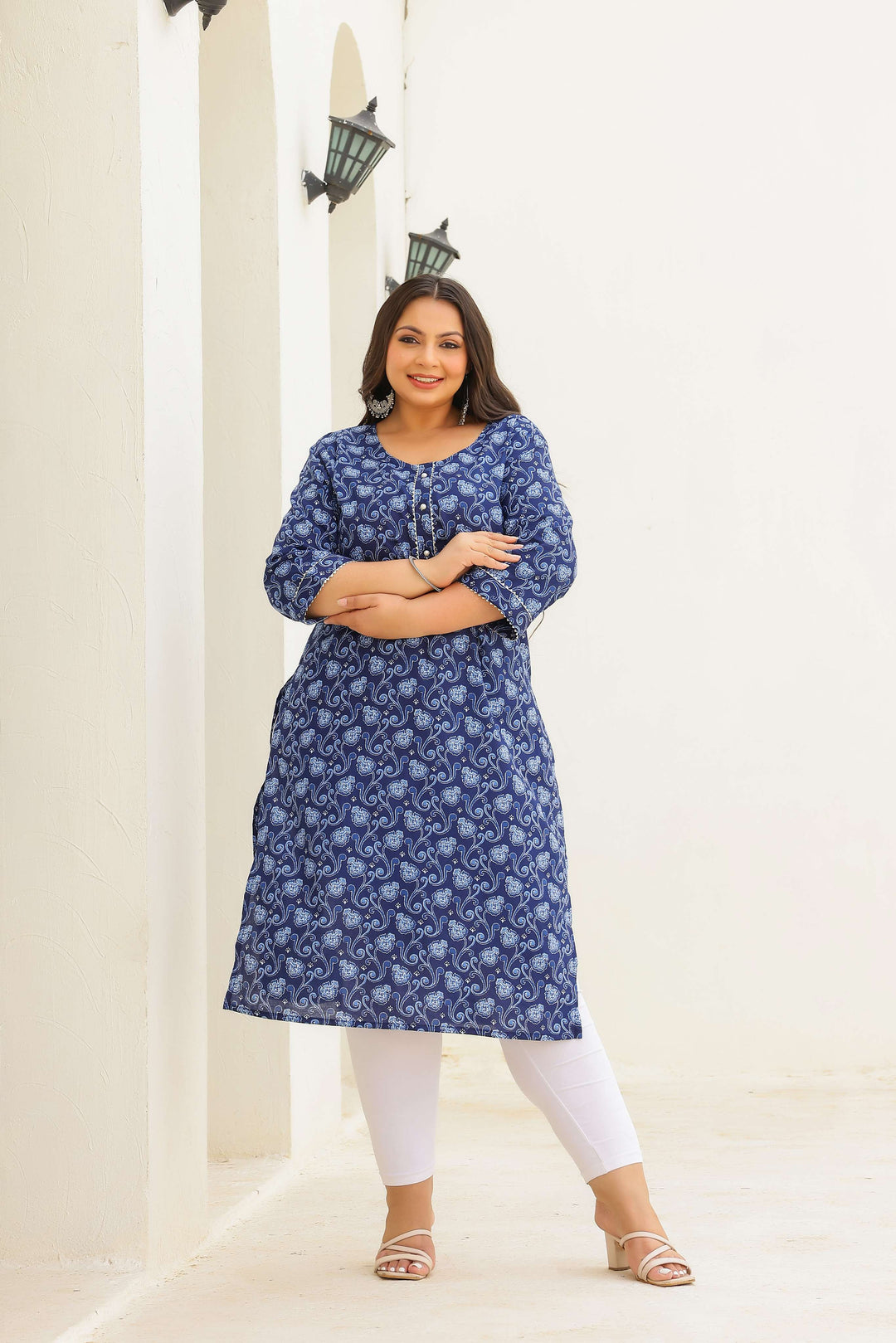 Plus Size Navy Blue Paisley Cotton Kurti for Women