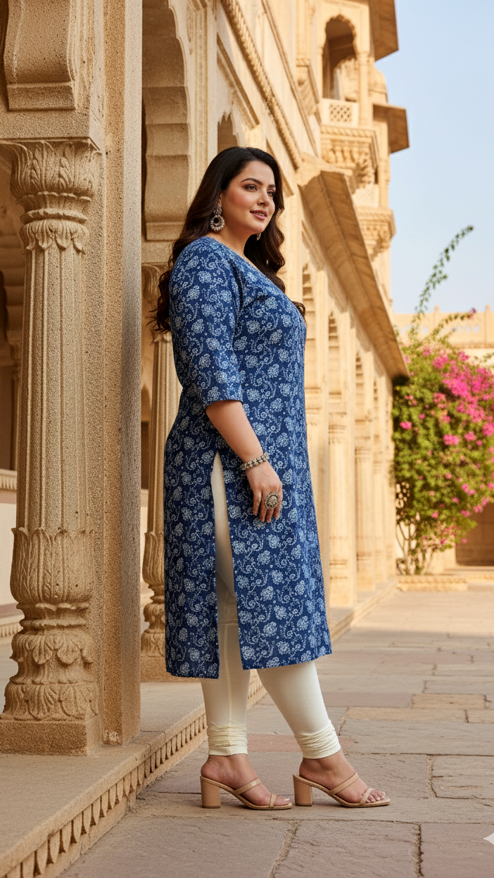 Plus Size Navy Blue Paisley Cotton Kurti for Women
