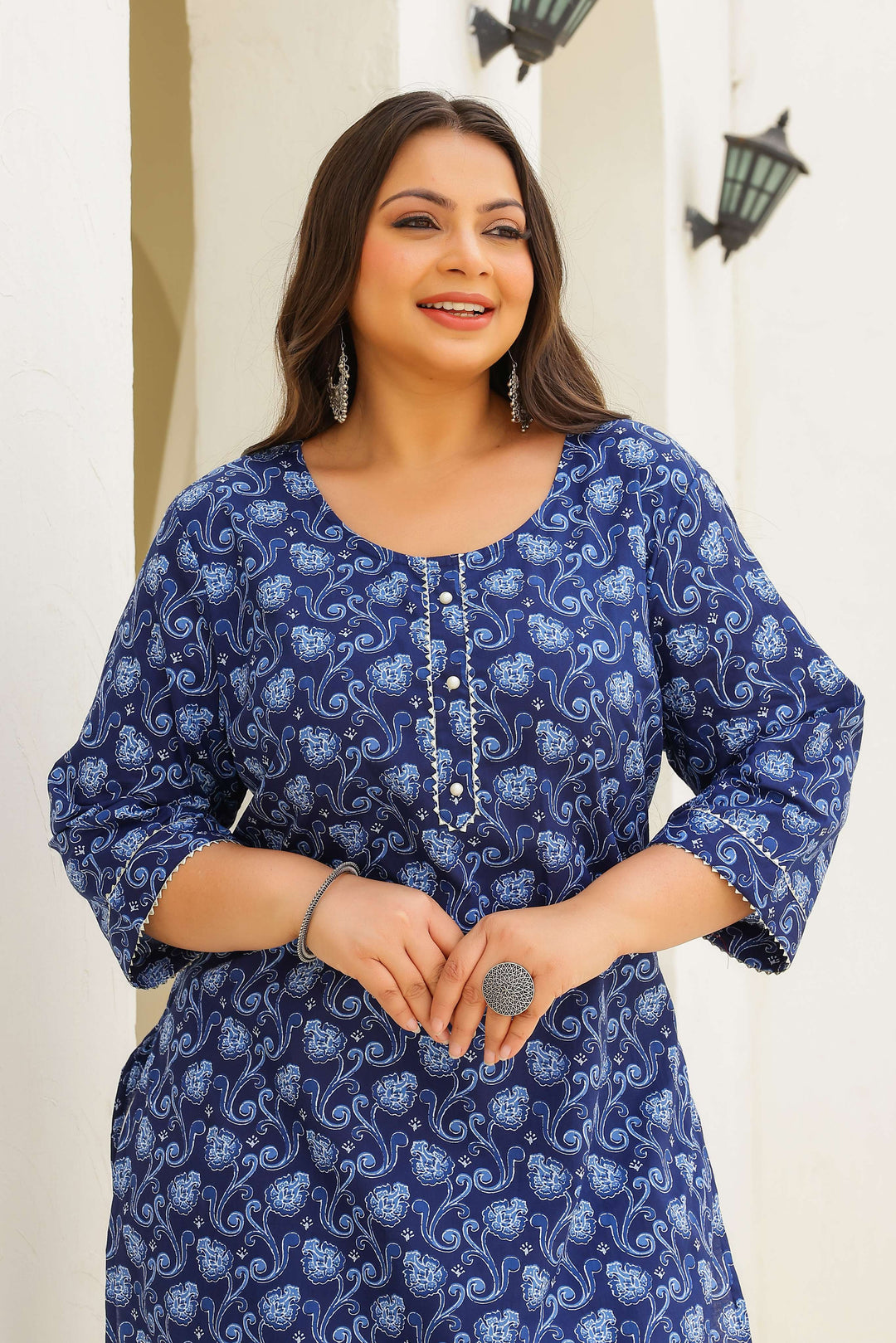 Plus Size Navy Blue Paisley Cotton Kurti for Women
