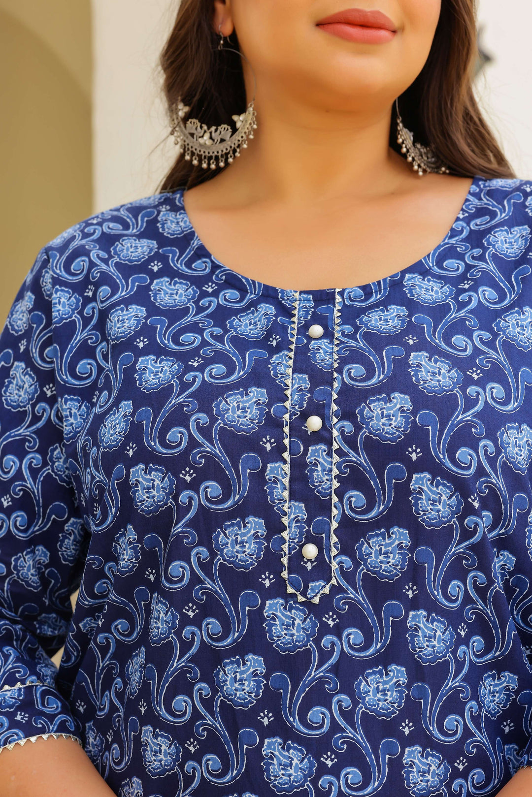 Plus Size Navy Blue Paisley Cotton Kurti for Women